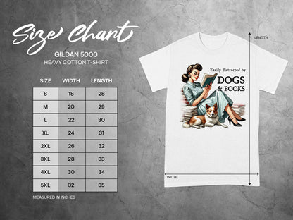 Size chart for Gildan 5000 heavy cotton t-shirt with width and length measurements.