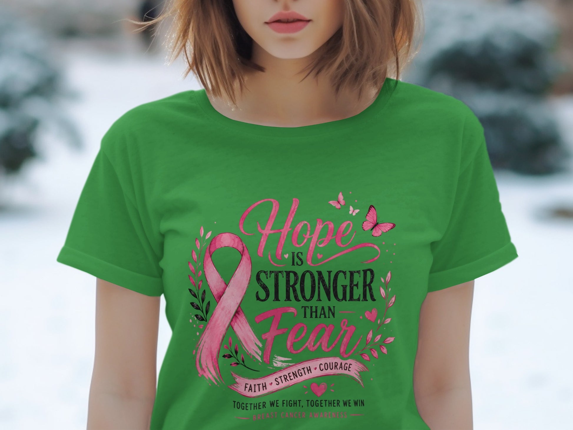 Green t-shirt with pink breast cancer ribbon and "Hope is Stronger Than Fear" text.