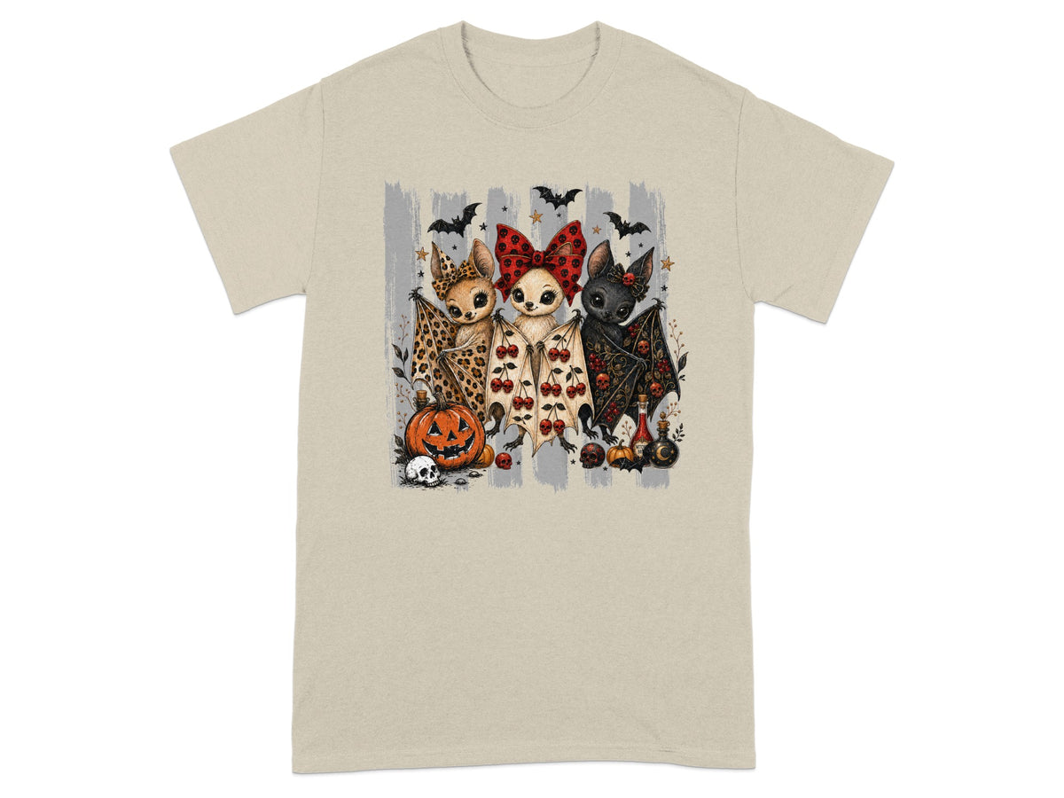 Three cute bats with Halloween themes, including a pumpkin and skulls.