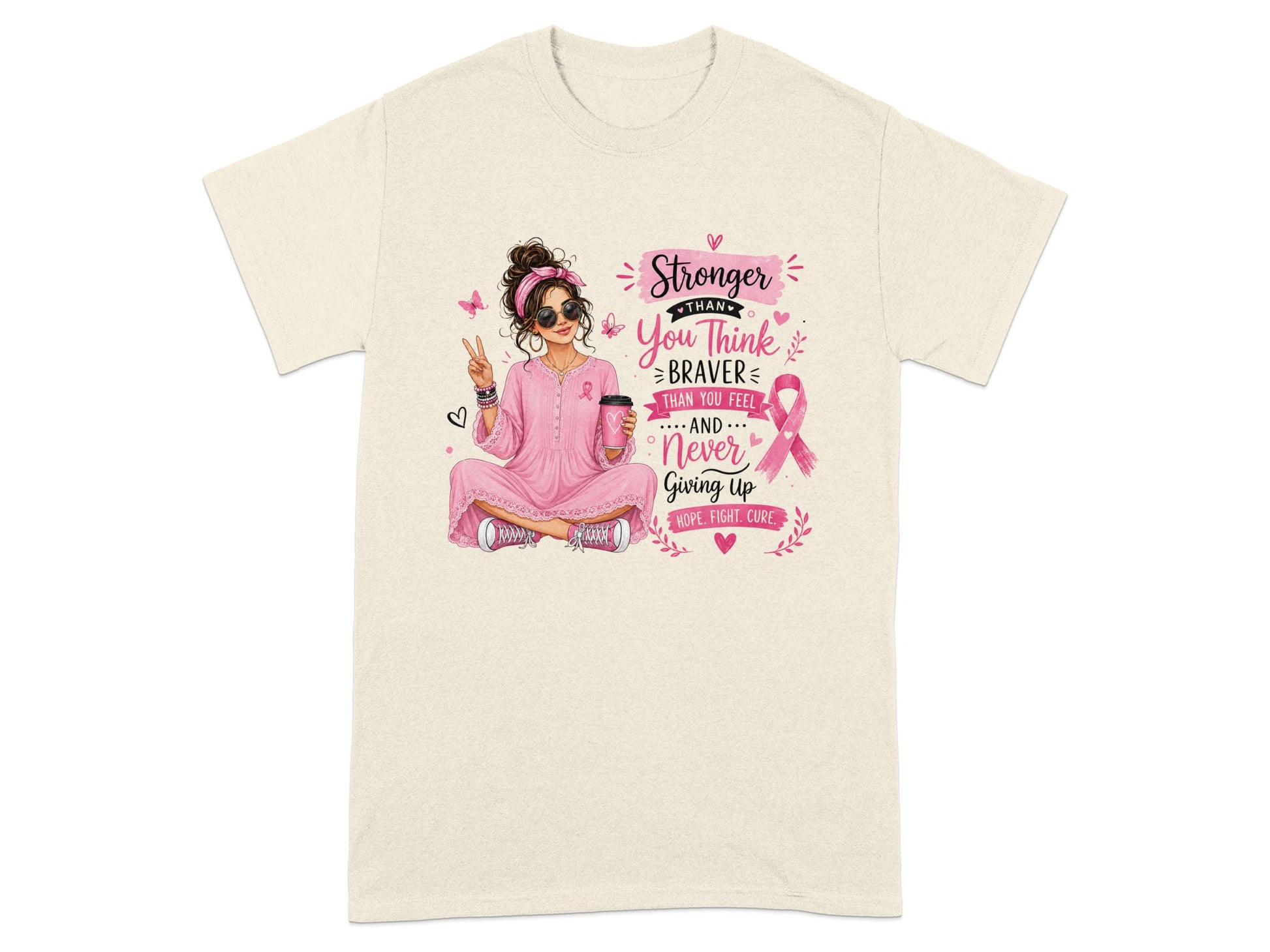 Graphic with text "Stronger Than You Think, Braver Than You Feel, Never Giving Up" and breast cancer ribbon.