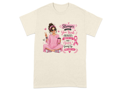 Graphic with text "Stronger Than You Think, Braver Than You Feel, Never Giving Up" and breast cancer ribbon.
