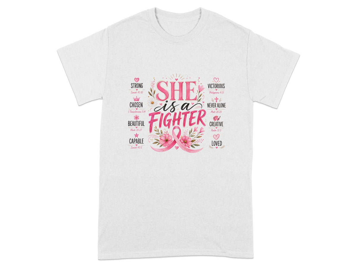 White t-shirt with "SHE is a FIGHTER" text and floral accents.