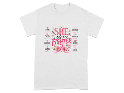 White t-shirt with "SHE is a FIGHTER" text and floral accents.