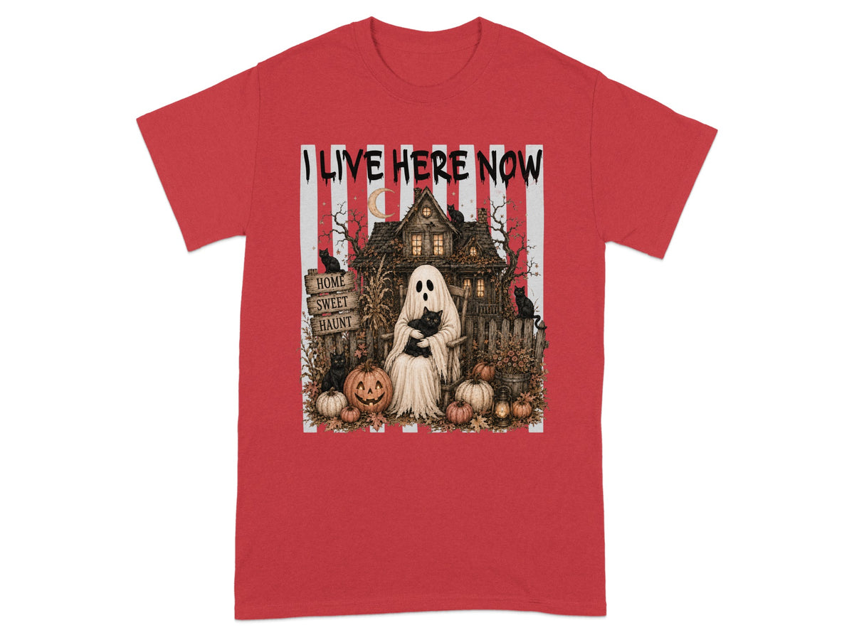 Ghost holding black cat with haunted house, pumpkins, and text "I LIVE HERE NOW".