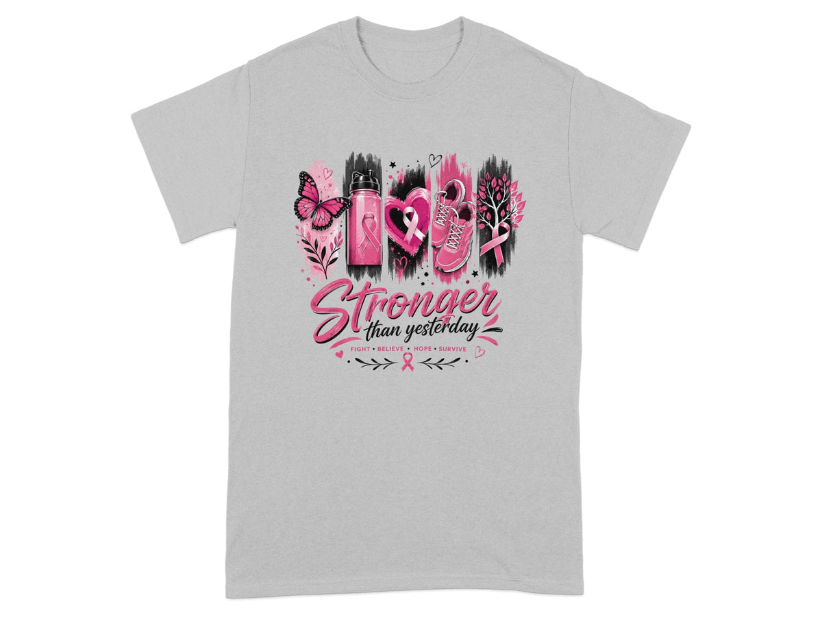 Grey t-shirt with "Stronger than yesterday" graphic and breast cancer awareness symbols.