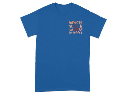 Blue t-shirt with butterflies and text saying "Make The Future Yours" on the left chest.