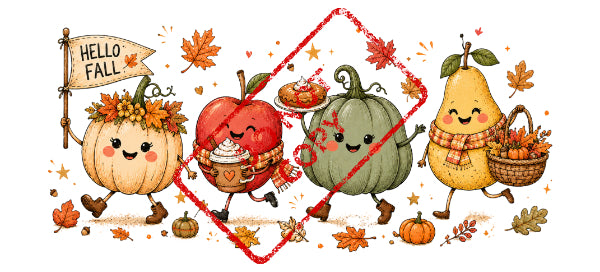 Cute cartoon apple, pumpkins, and pear with fall leaves and pies.