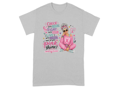 Woman in pink, surrounded by breast cancer awareness text and symbols.