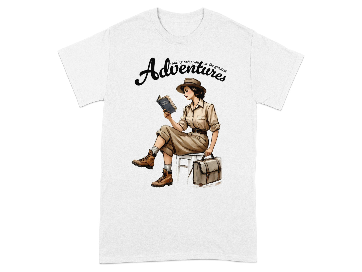 Woman in safari outfit reading a book with "Adventures" text and suitcase.