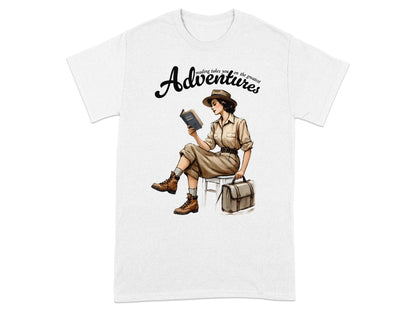 Woman in safari outfit reading a book with "Adventures" text and suitcase.