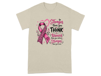 Pink ribbon design with text "Stronger than you THINK Braver than you believe Stronger than you seem".