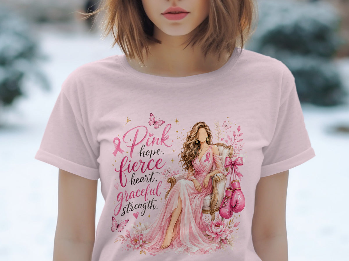 Pink ribbon graphic with text: "Pink hope, fierce heart, graceful strength."