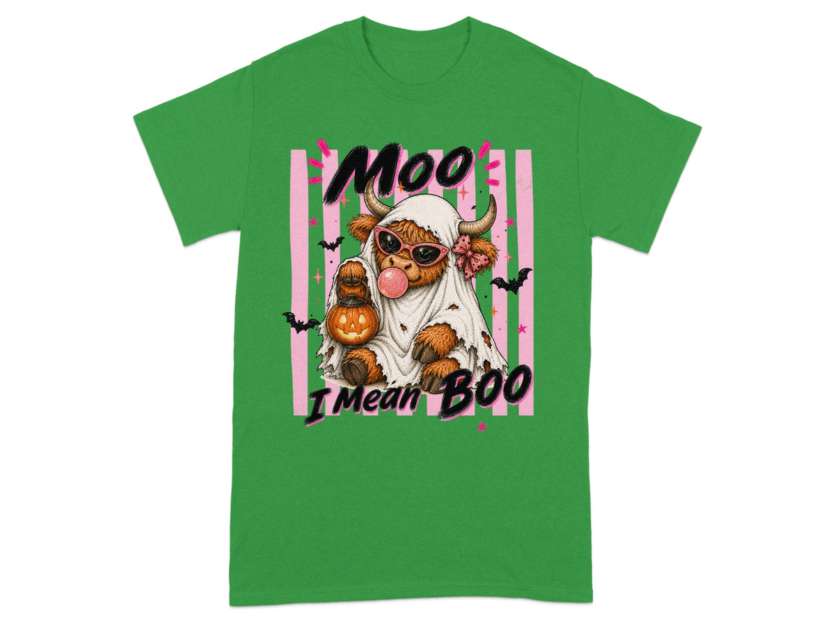 Highland cow ghost with pumpkin, bubbles, and text "Moo I Mean Boo".