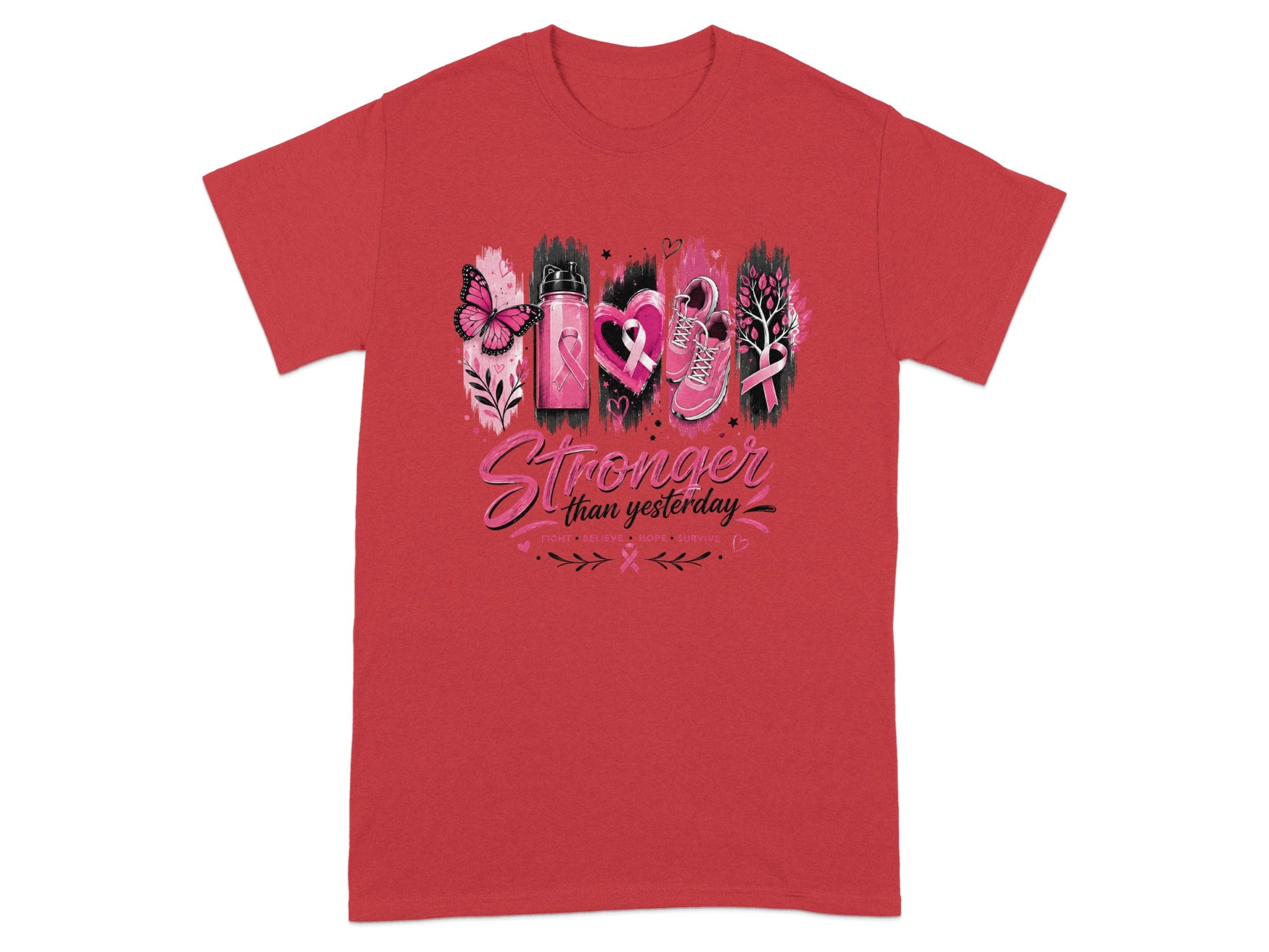 Red t-shirt with "Stronger than yesterday" and breast cancer awareness graphics.