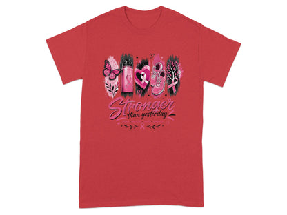 Red t-shirt with "Stronger than yesterday" and breast cancer awareness graphics.