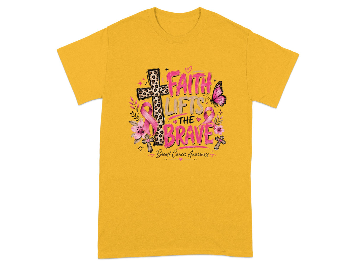 Yellow t-shirt with "Faith Lifts The Brave" Breast Cancer Awareness design.