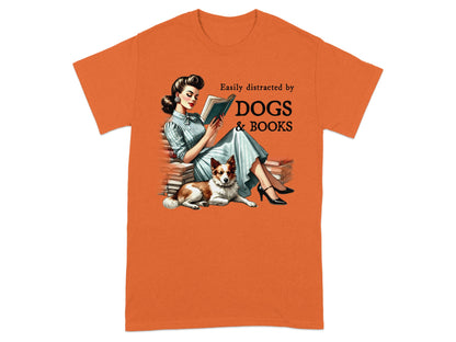 Retro woman reading books with dog, "Easily distracted by DOGS & BOOKS" text.