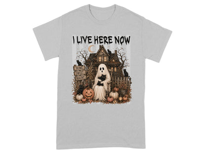 Ghost holding cat in front of spooky house with pumpkins and black cats.