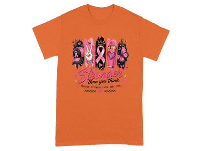 Orange t-shirt with breast cancer ribbon designs and "Stronger than you think" text.