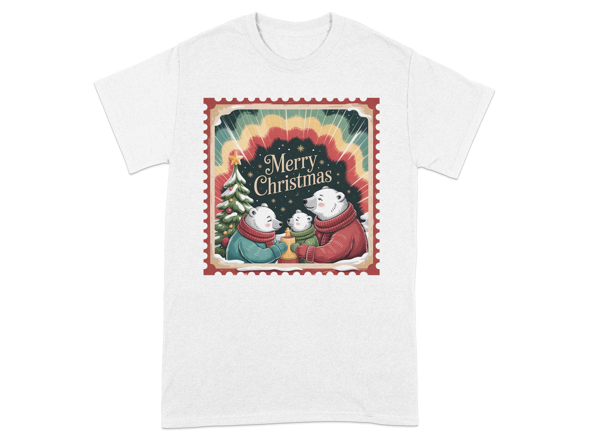 Merry Christmas polar bear family illustration inside a stamp, on a white t-shirt.