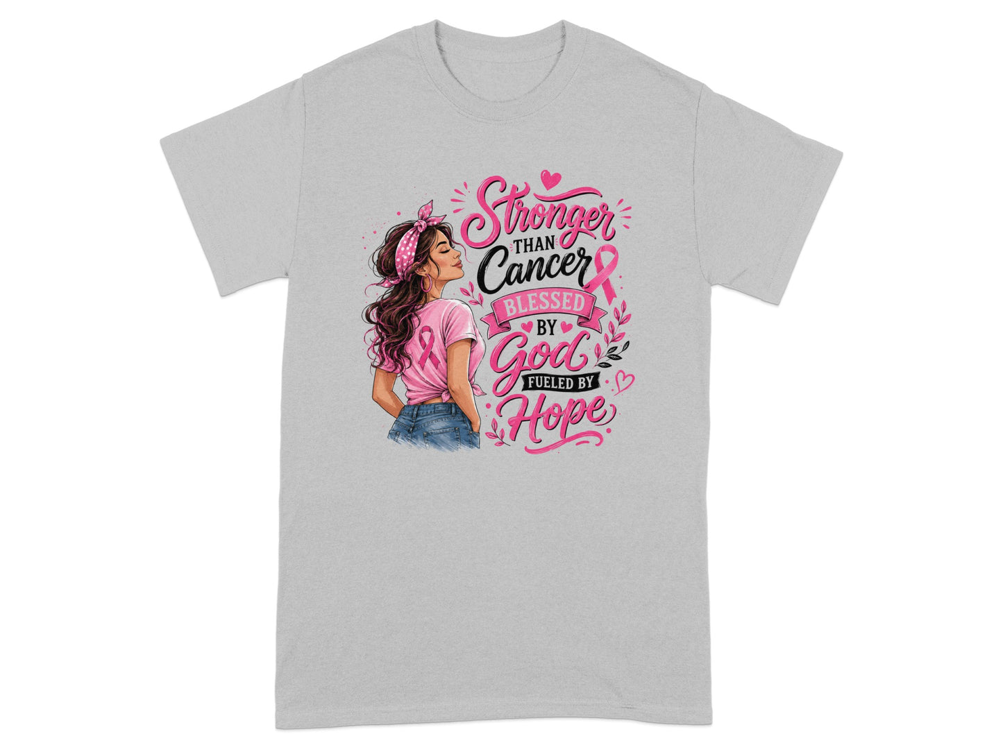 "Stronger than Cancer" graphic with woman and inspirational text on a gray t-shirt.
