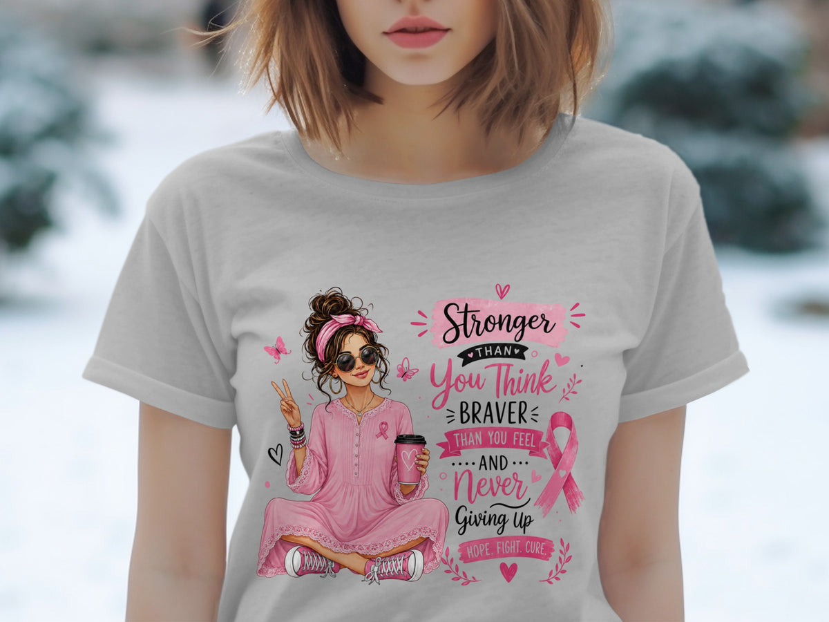 Girl with coffee cup and inspirational text "Stronger Than You Think Braver Than You Feel And Never Giving Up".