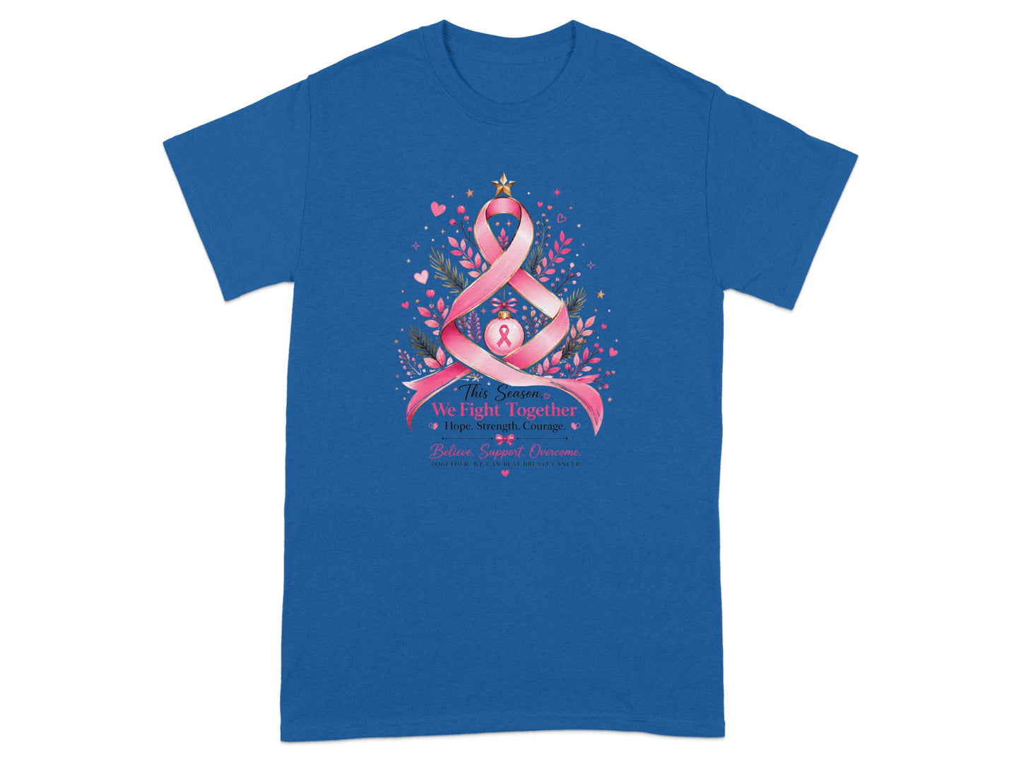 Blue t-shirt with pink ribbon tree design and "This Season, We Fight Together" text.