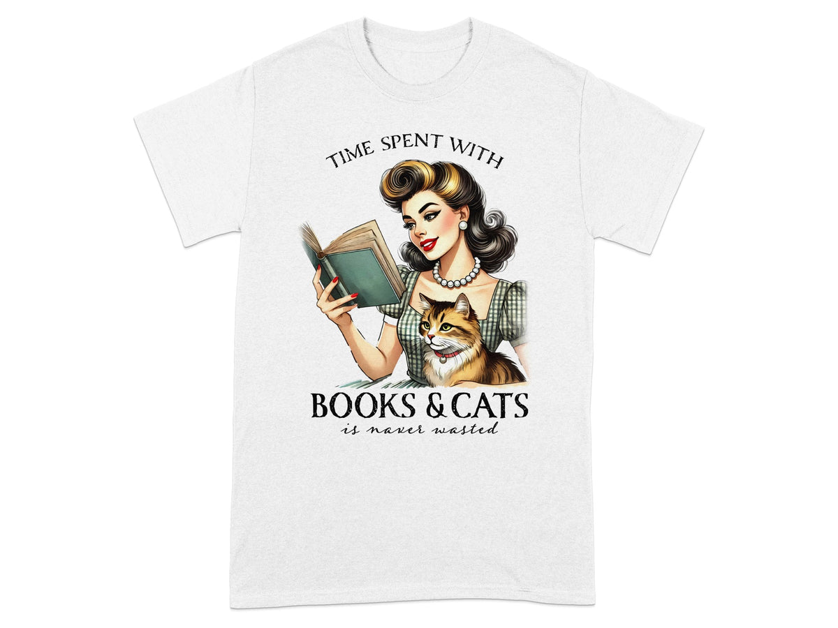 Woman reading with cat, text "Time spent with books & cats is never wasted."
