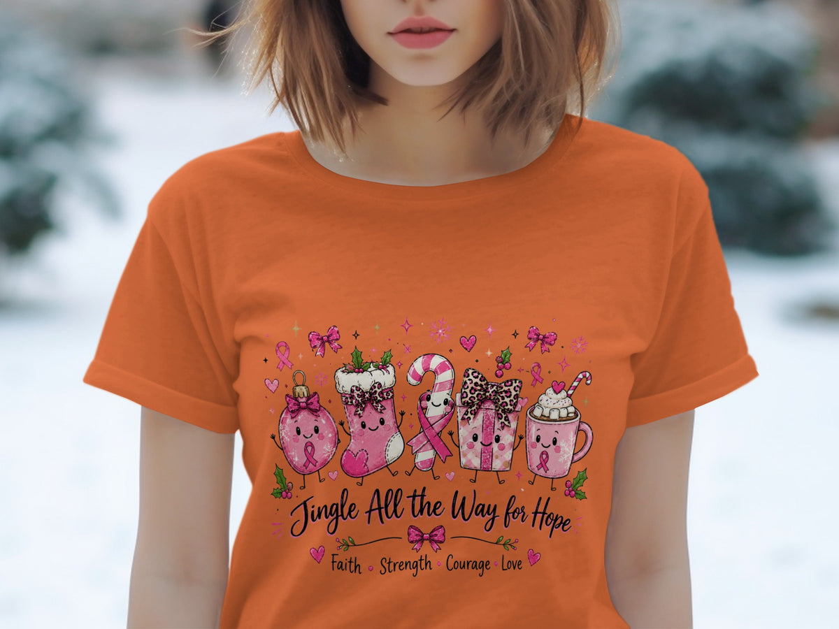 Orange t-shirt with festive Christmas characters and "Jingle All the Way for Hope" text.