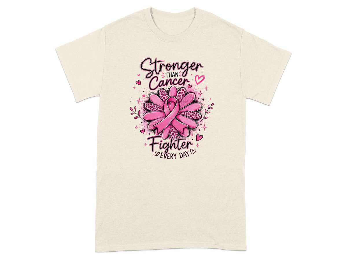 Cream t-shirt with "Stronger than Cancer, Fighter Every Day" text and pink ribbon.