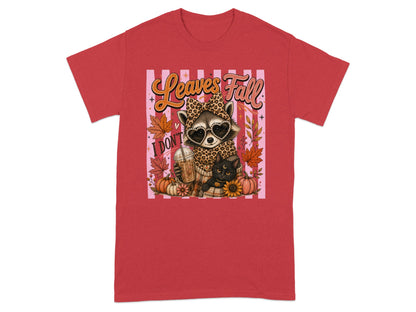 Raccoon with leopard print bandana and heart sunglasses holding coffee with cat.