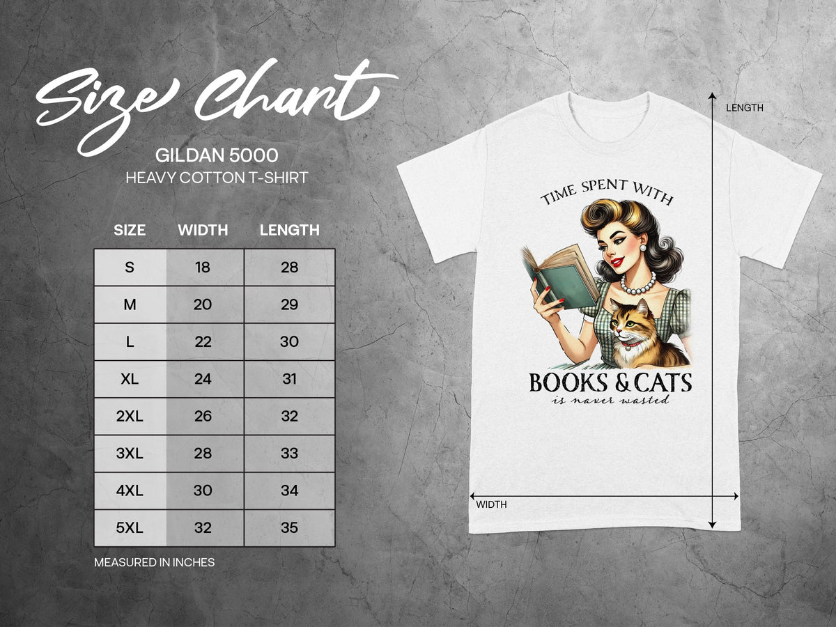 Size chart for Gildan 5000 t-shirt with "Books & Cats is Never Wasted" graphic.