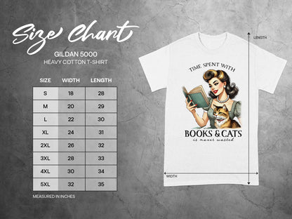 Size chart for Gildan 5000 t-shirt with "Books & Cats is Never Wasted" graphic.