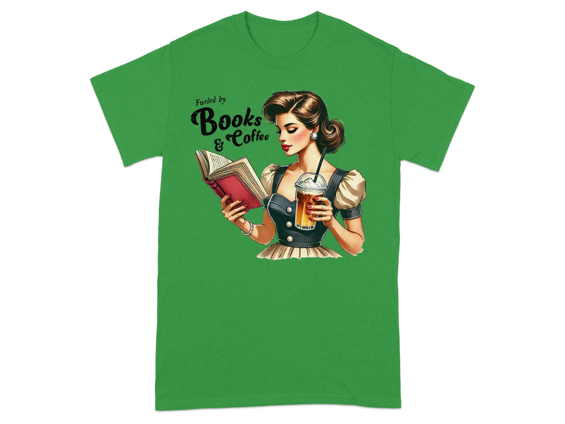Woman reading a book and holding a coffee cup with text "Fueled by Books & Coffee."