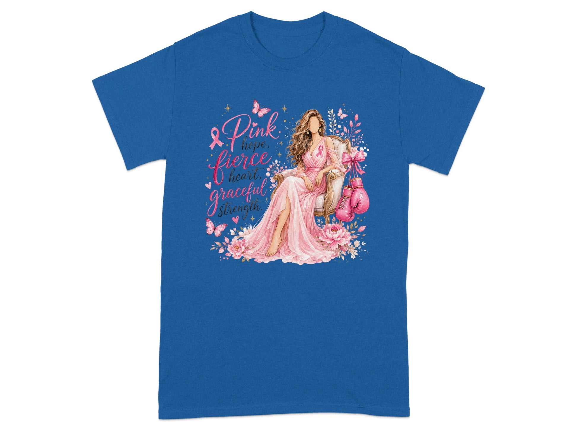 Woman in pink dress with breast cancer ribbons and boxing gloves, text says "Pink hope, fierce heart, graceful strength."
