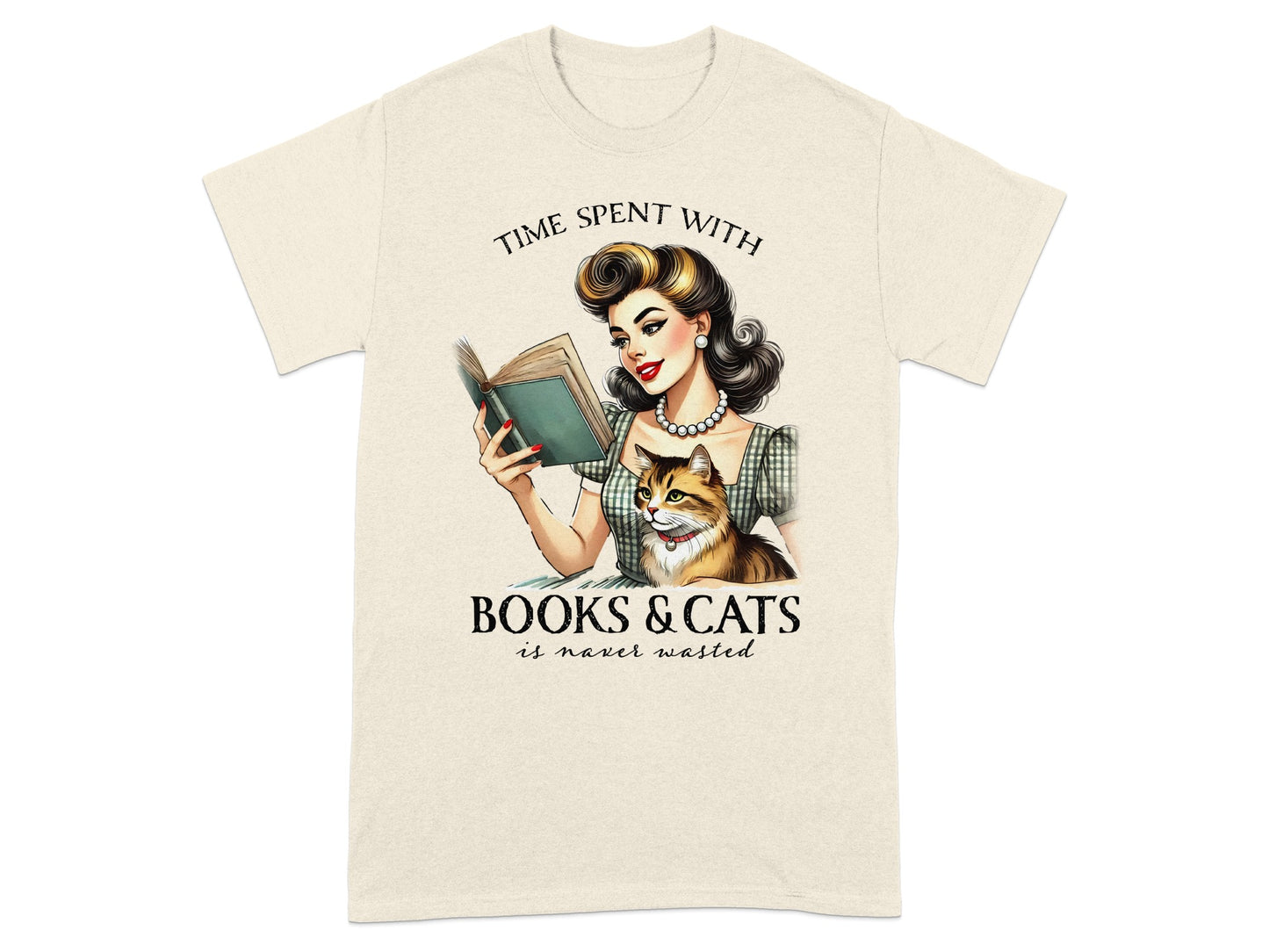 Woman reading with cat, text "Time spent with books & cats is never wasted".