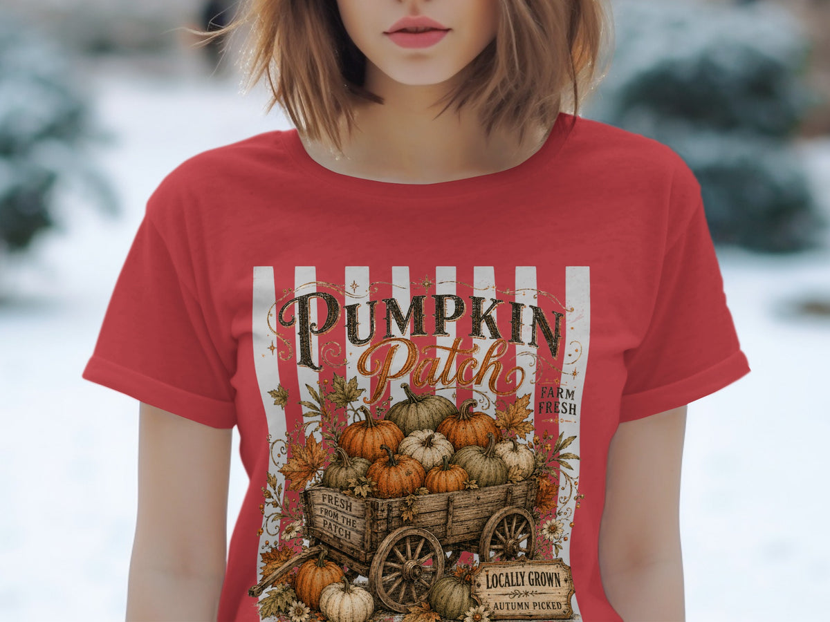 Red t-shirt with "Pumpkin Patch" graphic featuring a wagon full of pumpkins and autumn leaves.