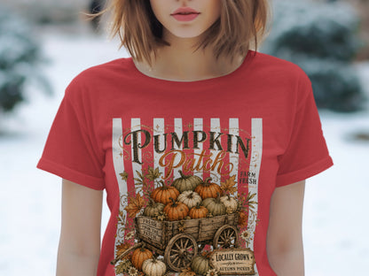 Red t-shirt with "Pumpkin Patch" graphic featuring a wagon full of pumpkins and autumn leaves.