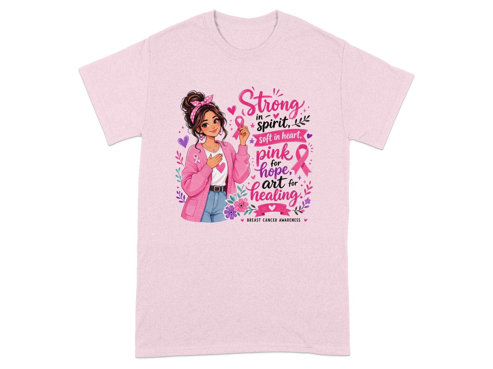 Pink t-shirt with woman and "Strong in spirit, soft in heart, pink for hope, art for healing" text.
