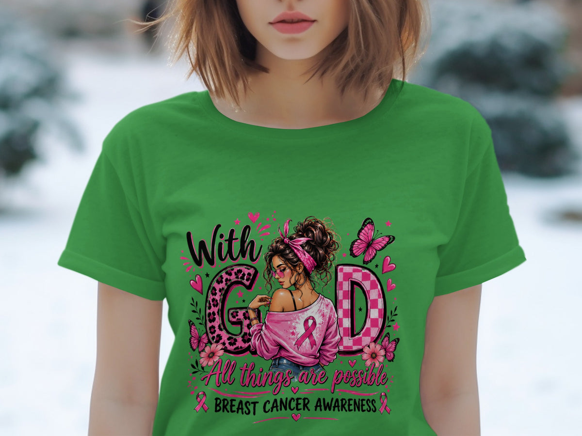 Green t-shirt with breast cancer awareness graphic featuring a woman, butterflies, and text.
