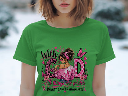 Green t-shirt with breast cancer awareness graphic featuring a woman, butterflies, and text.