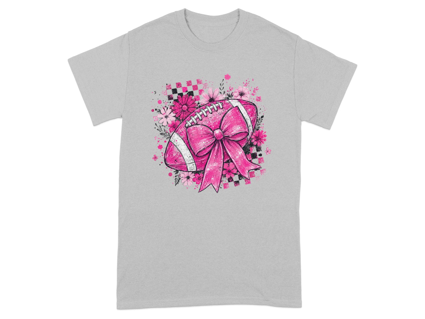 Pink football with a bow and floral design on a gray t-shirt.