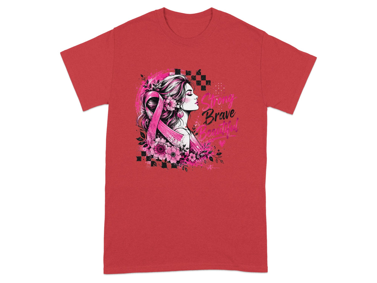 Red t-shirt with a woman, pink ribbon, flowers, and text "Strong Brave Beautiful."