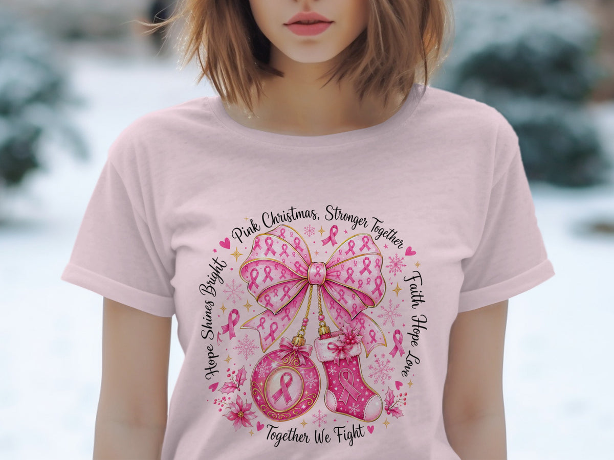 Pink Christmas design with bow, ornament, stocking, and breast cancer ribbons.
