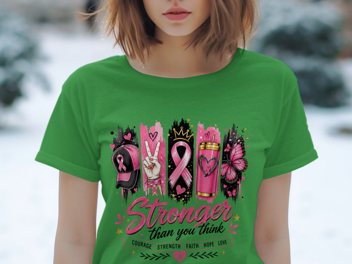 Green t-shirt with "Stronger than you think" and breast cancer awareness symbols.