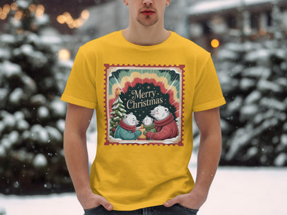 Yellow t-shirt featuring a Christmas postage stamp with polar bears and "Merry Christmas" text.