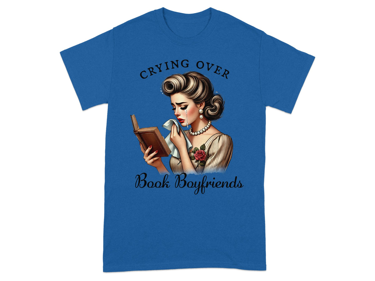 Woman crying over book with text "Crying Over Book Boyfriends".