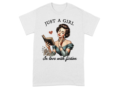 "Just a girl" "In love with fiction" text with retro illustration of woman reading book.