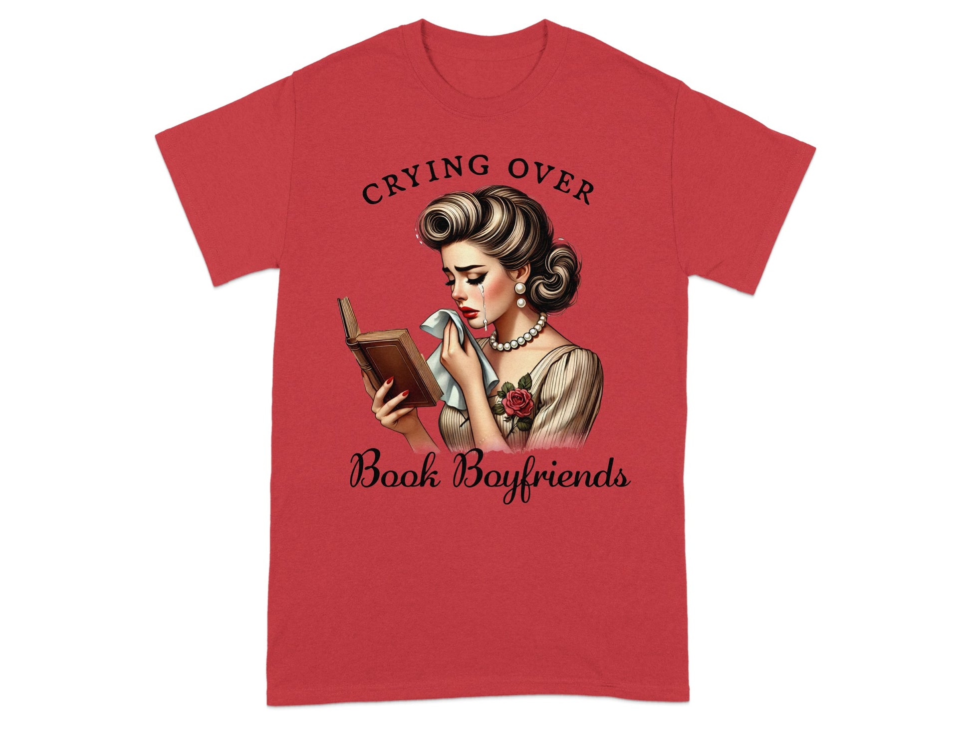 Red t-shirt with "Crying Over Book Boyfriends" text and retro illustration.