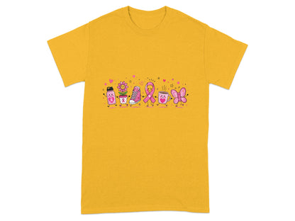 Drawn characters including a water bottle, flower, sneaker, ribbon, mug, and butterfly on a yellow t-shirt.